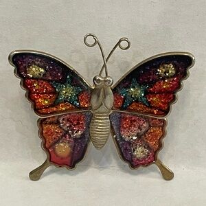 VTG Butterfly Colorful Glitter Gold Tone Brooch Pin Estate Costume Jewelry